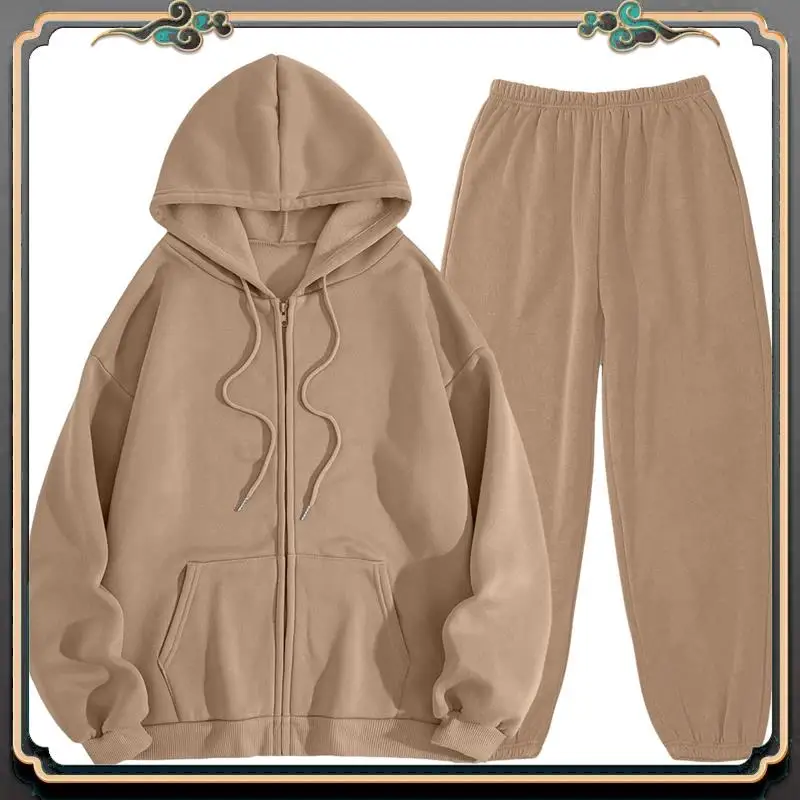 B11A-Mulheres zip up hoodies manga longa cor sólida outono casual moda jaquetas com calças conjunto