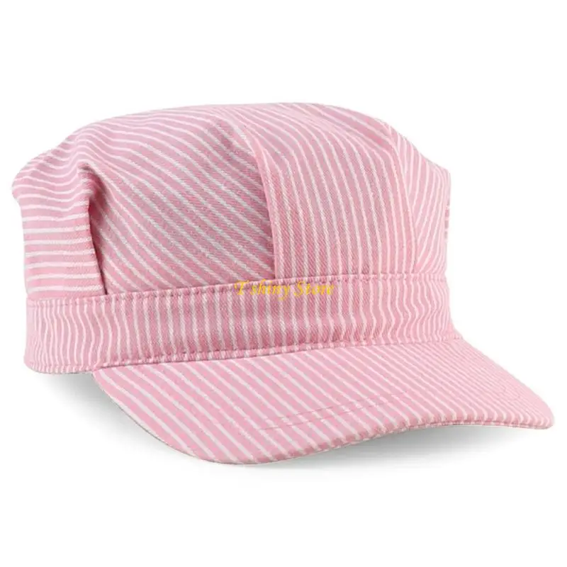 N58F Adjustable Stripy Cotton Engineer Hat Lightweight for Kids Adults Fit All Sizes