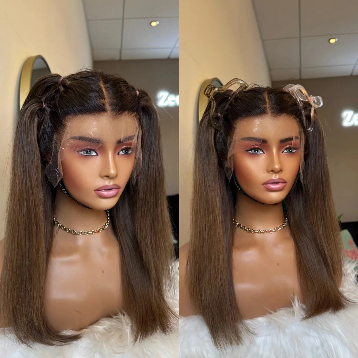 Bouncy 16 Inches Shadow Roots Chestnut Brown Natural Straight Wigs Soft Beginner Friendly Daily Party Cosplay Wigs Ready To Wear