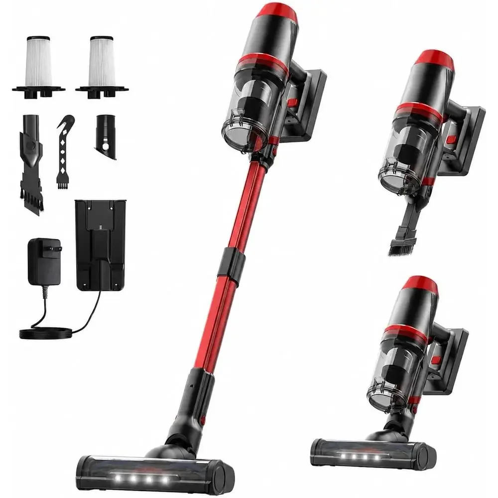 Powerful LED Light Anti-Brush Vacuum Cleaner, Lightweight for Hardwood and Carpet Pet Hair (Red)