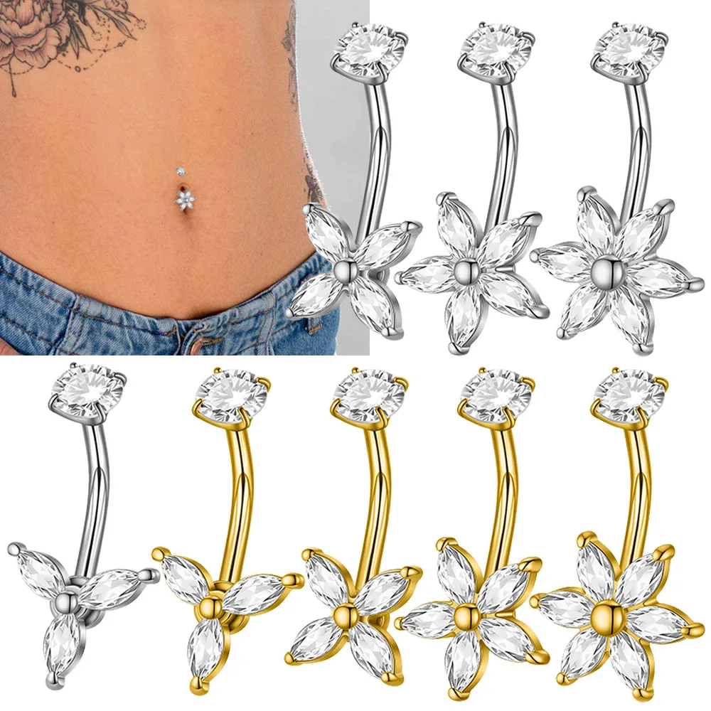 1PC Stainless Steel Marquise Zircon Belly Button Ring Flower Internally Threaded Navel Piercing Ombligo Piercings Jewelry 14G