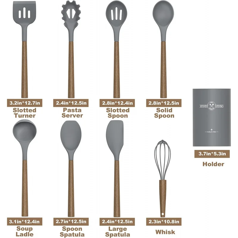 Silicone Kitchen Cooking Utensil Set, 9Pcs Kitchen Utensils Spatula Set with Wooden Handle Nonstick Cookware, 446 °F Heat Re