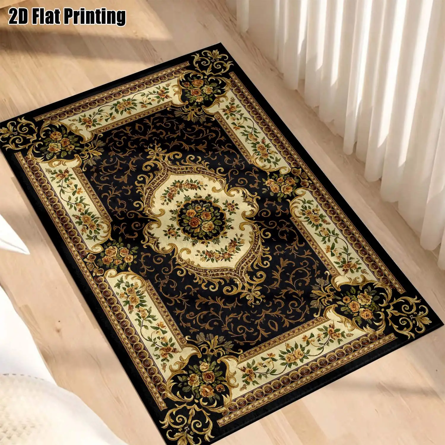 1Pc 2D Printed Black & Gold Floral Retro Pattern Carpet: European/Retro/Geometric Floral Style, Machine Washable, Multi-Size Home Decor Mat for Entrance, Living Room, Bedroom, Dining Room & Foyer