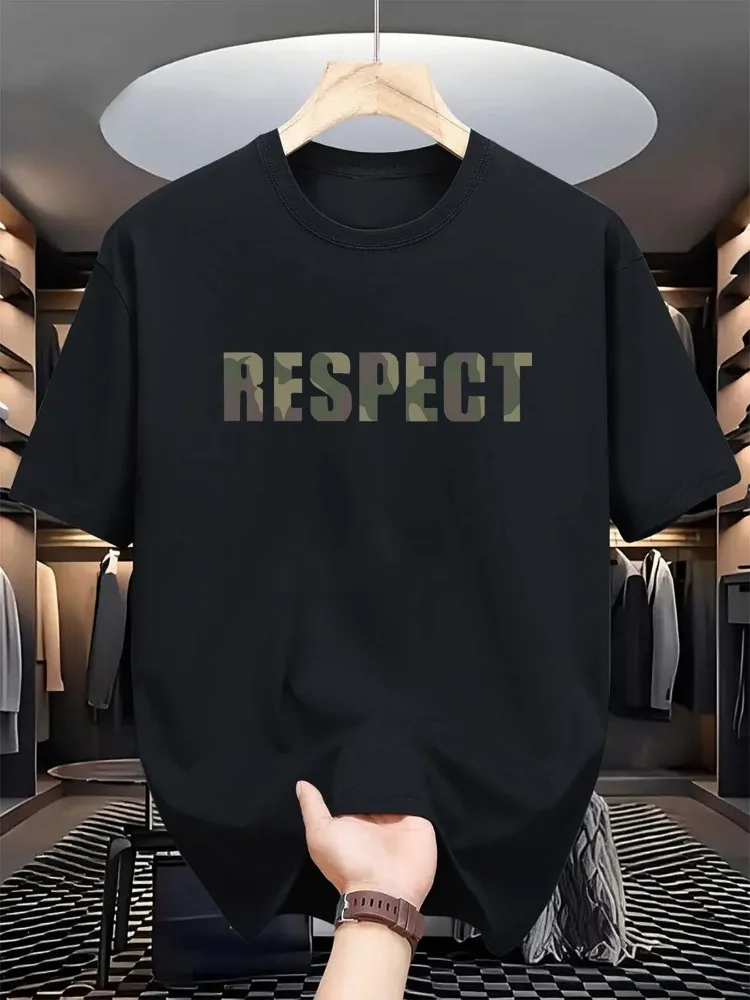 T-shirt pour homme, été, 100% coton pur, décontracté, tendance, ample, imprimé camouflage, lettres RESPECT, col rond, manches courtes