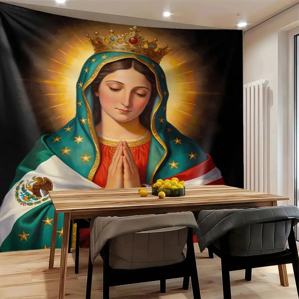 Virgin Mary Tapestry Wall Hanging Mexico USA Flag Print Aesthetic Wall Tapestry Spiritual Home Decor For Bedroom Living Room