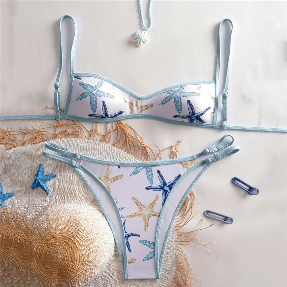 

Светло-голубой микро-бикини бандо с принтом морских звезд, сексуальный женский купальник 2026, стринги, бразильский комплект бикини, купальный костюм