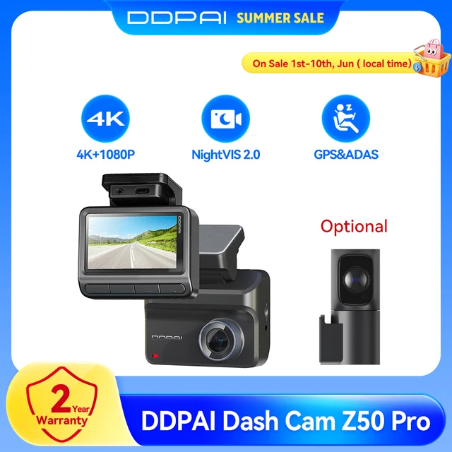 Kamera samochodowa DDPAI Z50 Pro 4K, dwukanałowy rejestrator DVR, 3-calowy ekran IPS, wbudowany GPS, WiFi, ADAS, noktowizor, monitoring parkowania 24H