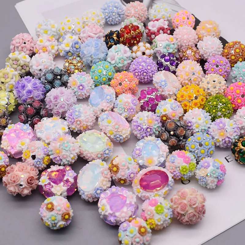 5pcs/bag Shiny Polymer Clay Beads Rainbow Rhinestone Disco Round Flower Beads for Jewelry Making DIY Pen Mobile Phone Chain