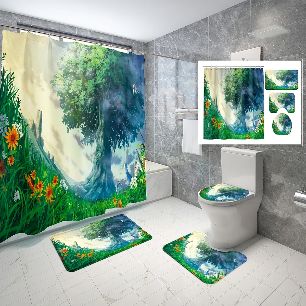 4 Pcs Tree of Life Shower Curtain Sets Nature Grass Trees Flowers Non-Slip Bath Mat Waterproof Shower Curtain Toilet Cover Sets