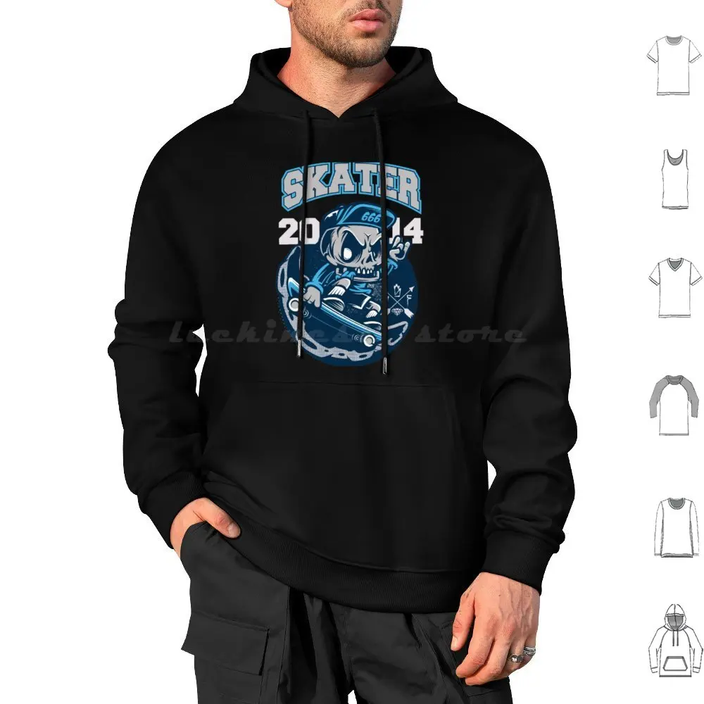 Skull Skater Hoodies Long Sleeve Logo Sign Geek New Recent Funny Vector Color Dark Black White Vibrant Portrait Vintage