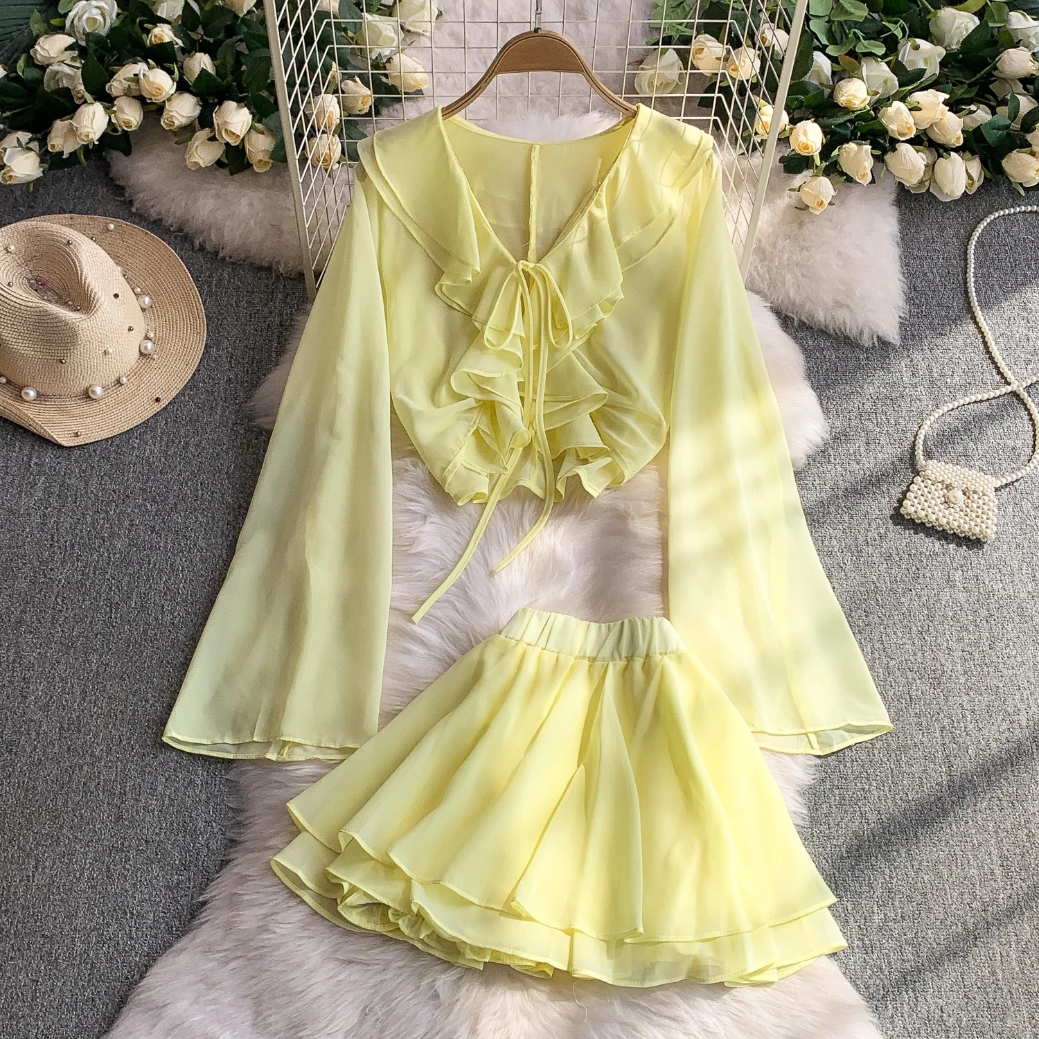 

Clothland Women Sweet Ruffle Two Piece Set Flare Sleeve Lace Up Crop Top Shirt Elastic Waist Skorts Skirt Chiffon Suit TA663