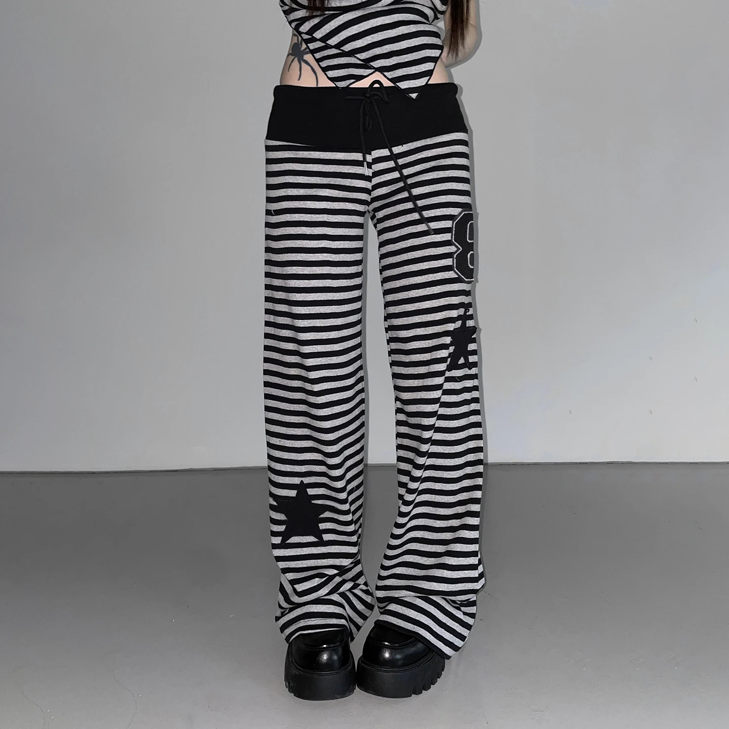SUCHCUTE  Y2K Women Striped Flare Sweatpants Contrast Drawstring Patchwork Low Rise Wide Leg Pants Gothic Streetwear Trousers