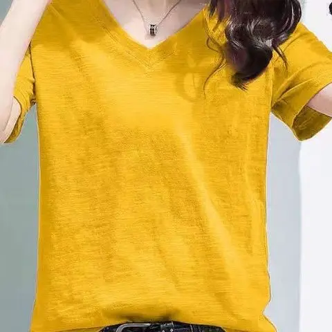 綿00% 竹レーヨン 半袖 レディース Tシャツ ルーズフィット Vネック トップス 韓国風 プラスサイズ ハーフスリーブ シャツ