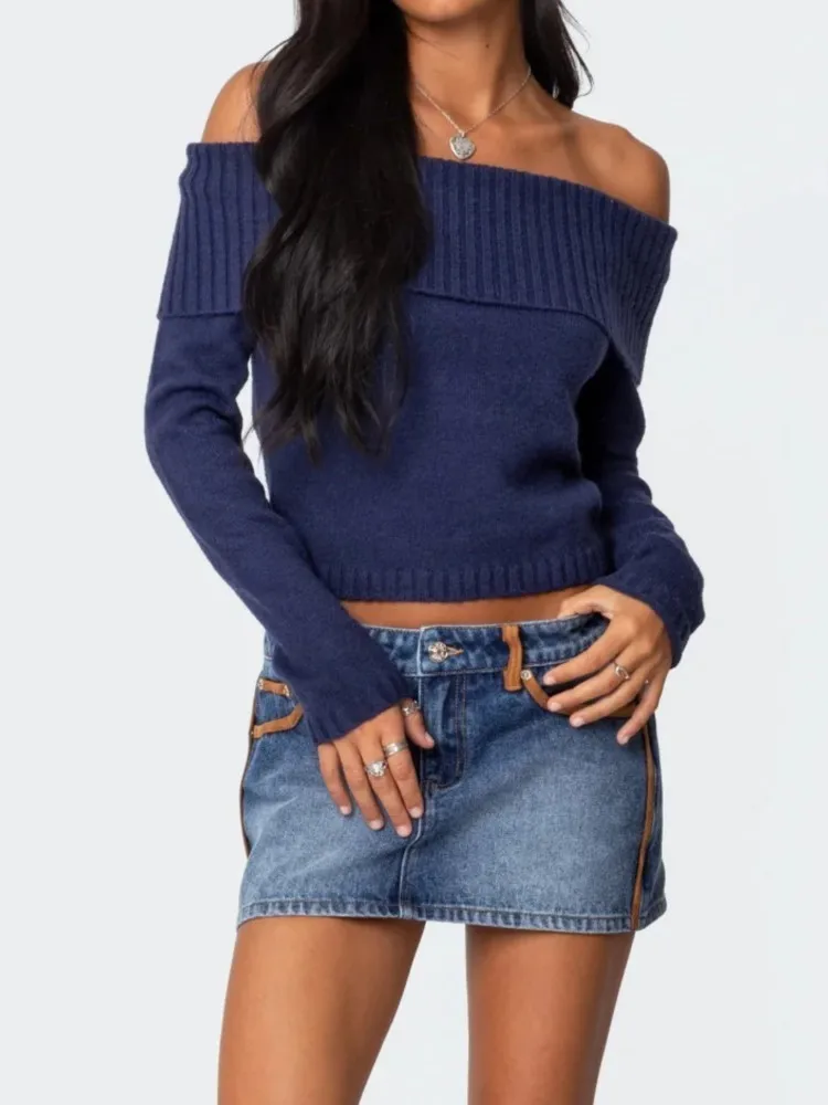 

Fashion Y2K Knitted Sweater For Women Long Sleeve Sexy Slash Neck Slash Neck Sweater Tops Female Autumn Casual Solid Ladies Top