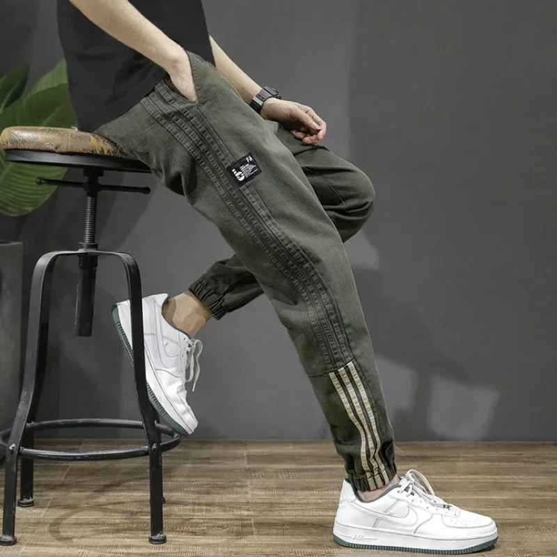 New Cargo Pants Trendy Versatile Patch Pocket Man Striped Korean Bound Classic Spring Summer Men's Thin Fashion Casual Trousers