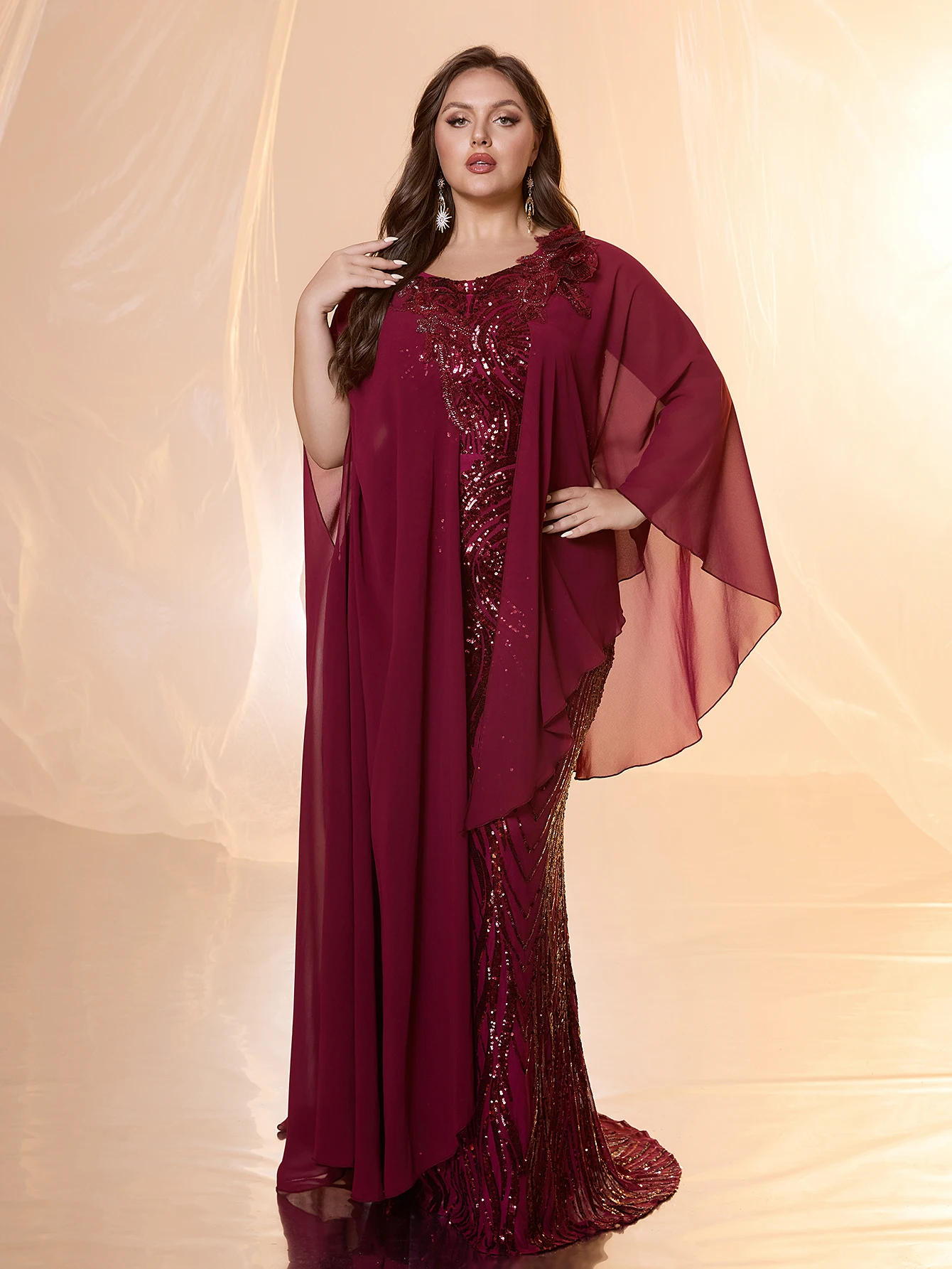 

UNITHORSE [Random Cut]Plus Women's O-Neck Asymmetrical Sleeve Bead Embroidery Sequin Patchwork Chiffon Elegant Long Dress