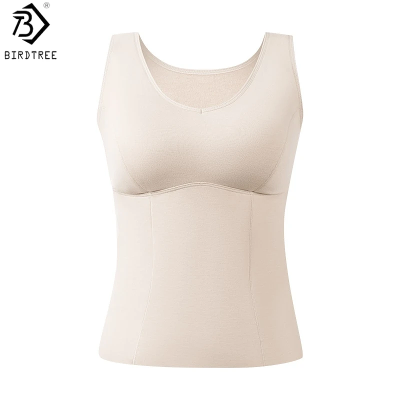 Birdtree, Silk Lining Slim Tank Top, Sleeveless V-neck Vest, Women Basics Thin Top, With Chest Padding, 2026 Autumn New T68808JF