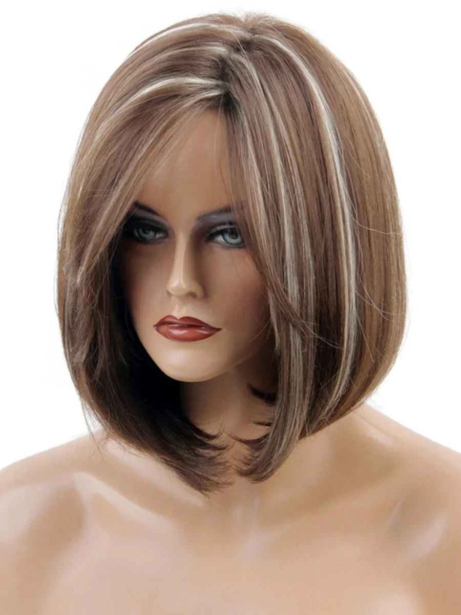 Full Wig Charming Daily Wigs Short Bob Straight Hair Fancy Dress Party Wig for Women Natural Brown Highlight Wig with Side Bangs