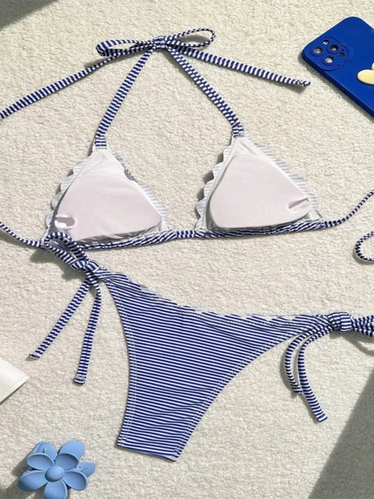 Conjunto de biquíni feminino 2025 novo verão azul listrado impressão sexy halter sem costas triângulo copo duas peças praia maiô tankini
