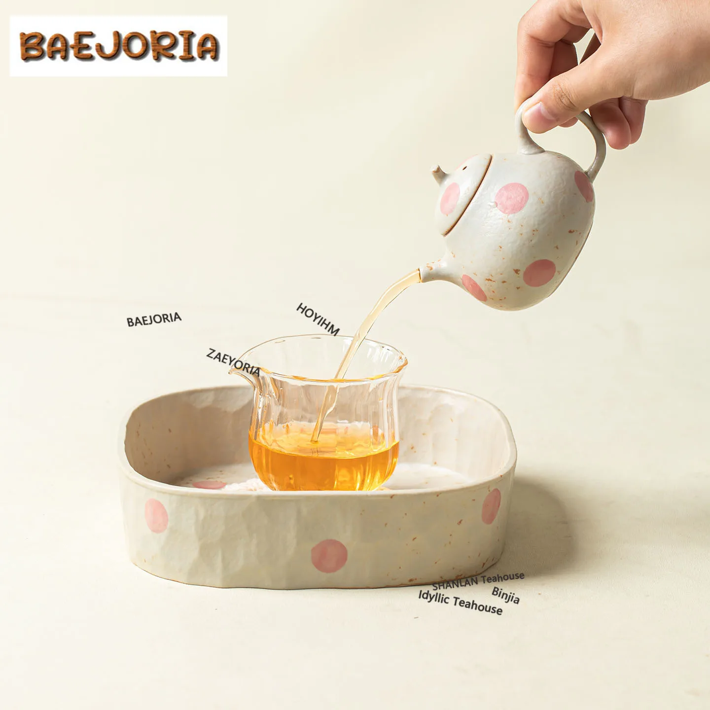 BAEJORIA Powder Wave Point Caramel Tea Set Complete Set Handmade Tea Ceremony Set Teapot And Tea Cup Set Tableware Ornaments