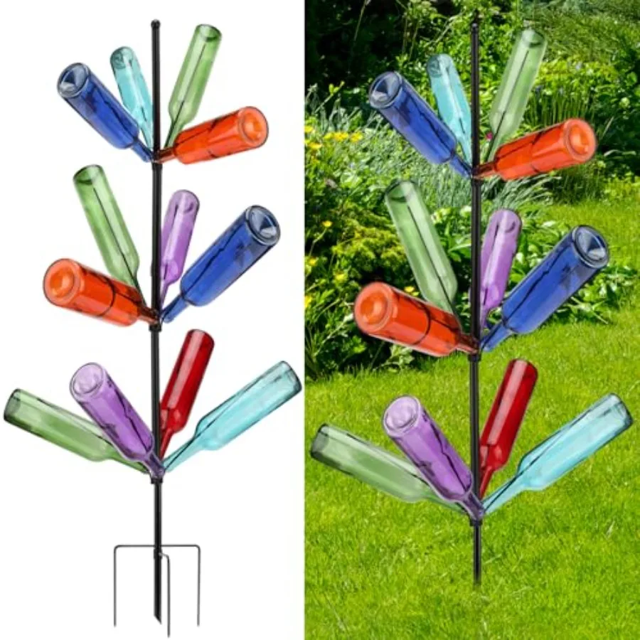 2 Pcs 12 Heavy Duty Metal Wine Bottle Tree Garden Outside 47 Inch Tall Decorative Colorful Glass Bottle Holders Artificial Rust