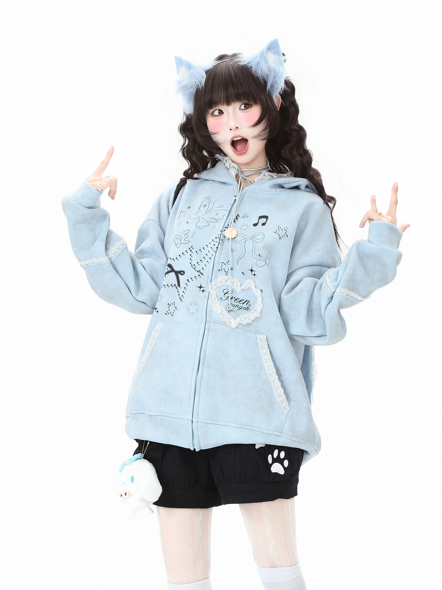 2025 Spring and Autumn New Style Bunny Ear Lace Blue Hooded Sweatshirt Jacket Women Loose Casual Pink White Gray Cardigan Top
