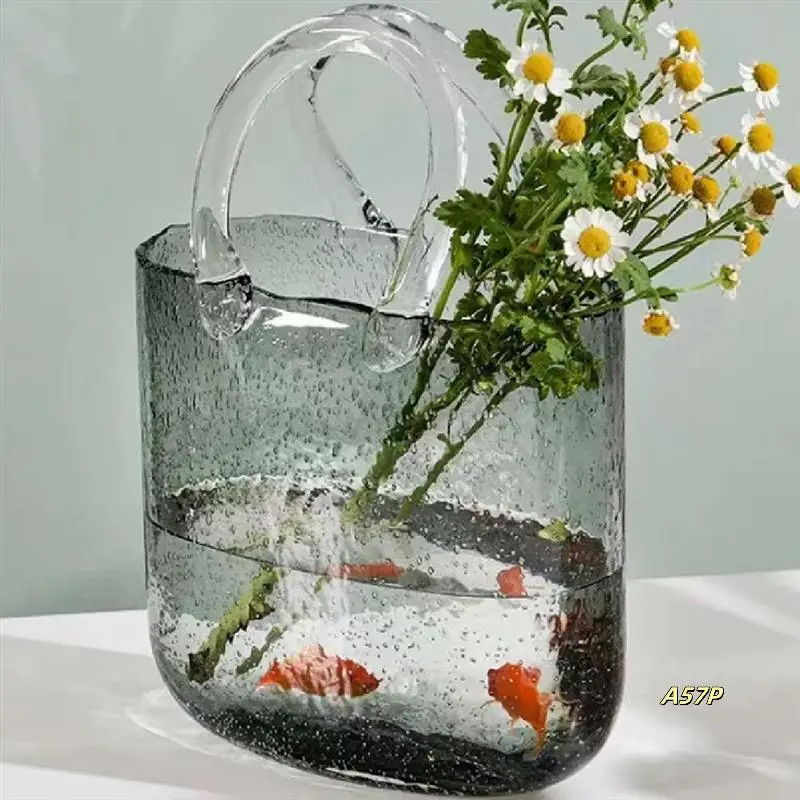

Nordic Glass Fish Tank Glass Vase Transparent Bag Hydroponic Flower Arrangement Vase Table Decoration Handbag Glass Vase Durable