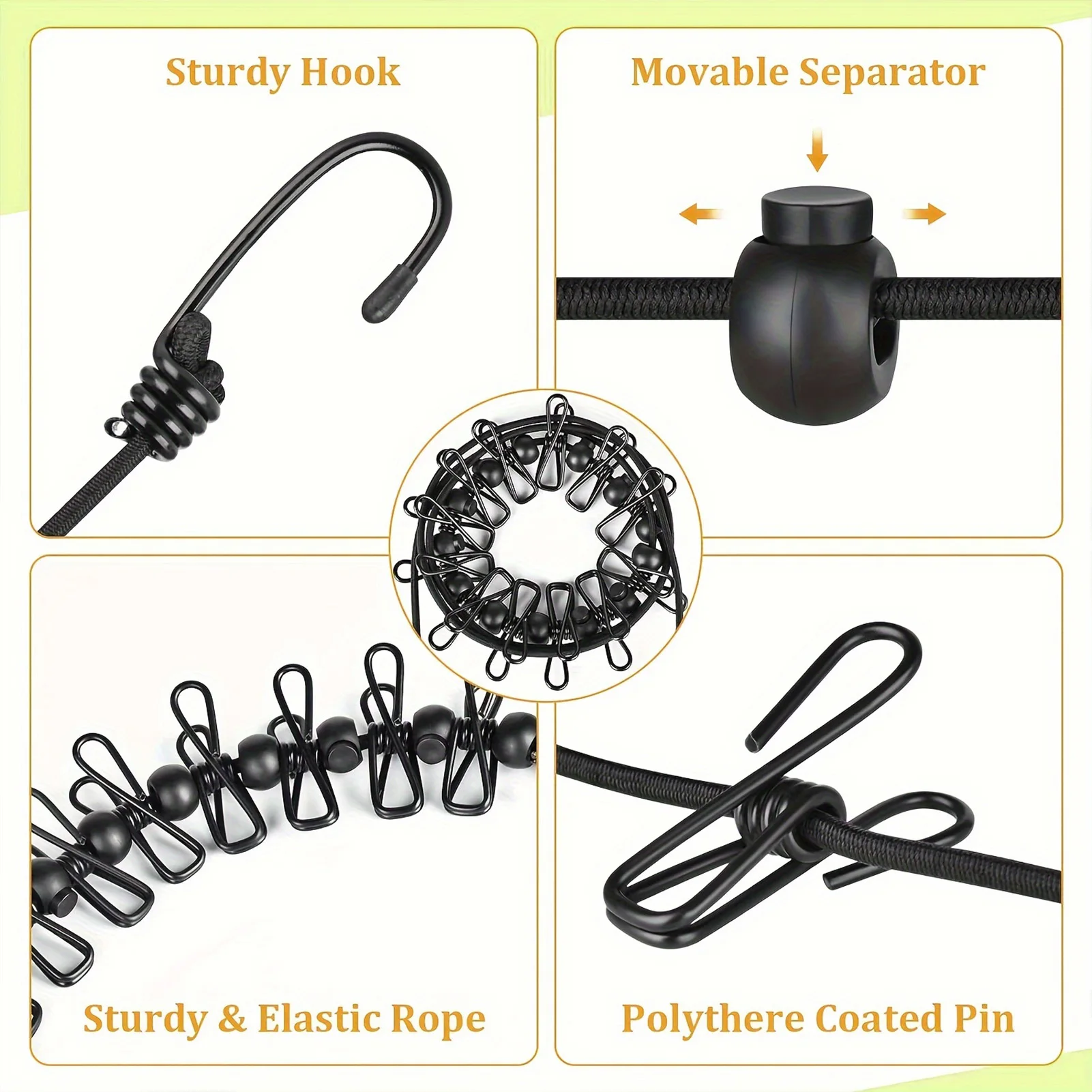 حبل غسيل محمول للسفر مع 12 مشبكًا من البلاستيك غير قابل للانزلاق وحبل تجفيف الملابس للسفر المنزلي والتعليق في الهواء الطلق