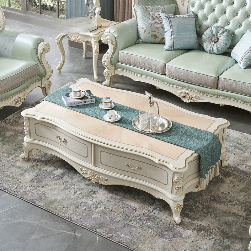 Palace French furniture French solid wood white rectangular coffee table three-dimensional carving