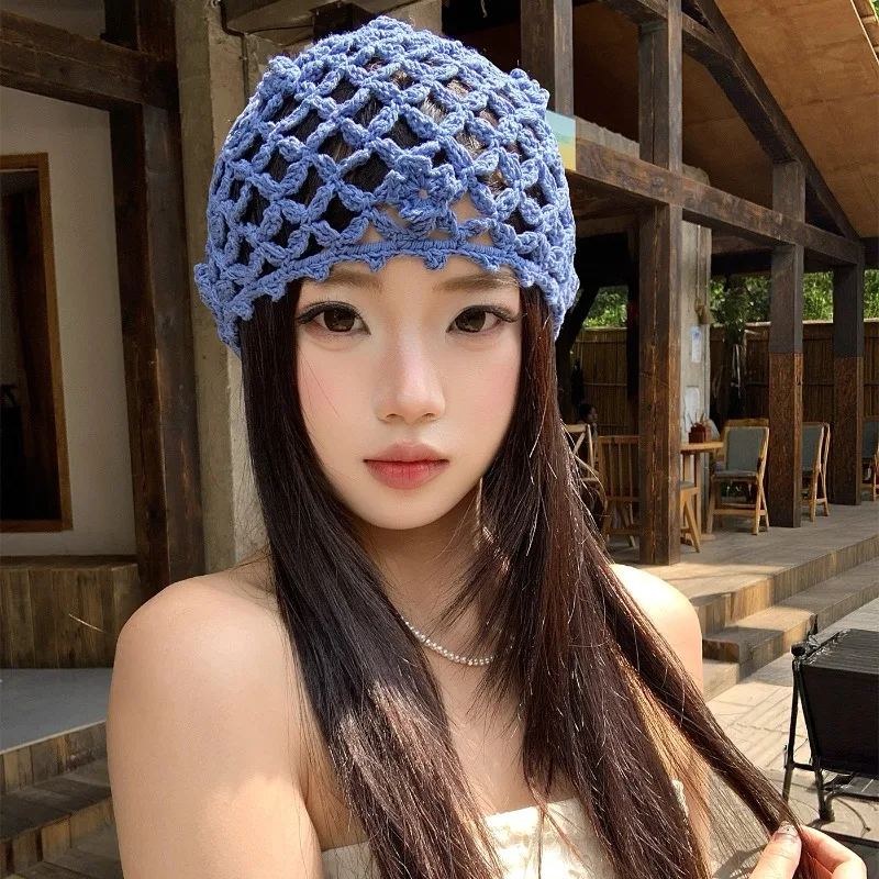 

Korean Ins Hand-crocheted Cut-out Pullover Stacked Hat Summer Travel Breathable Knitted Lace-up Versatile Cold Caps for Women's
