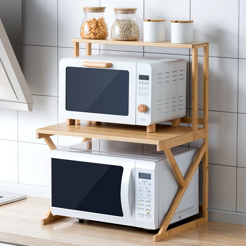 

New model Kitchen Shelf Countertop Double Microwave Shelf Desktop Seasoning Oven Storage Rack Bamboo Solid Wood