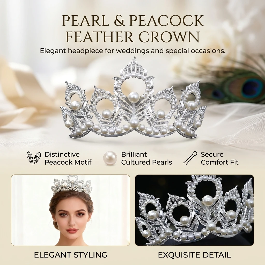 Pearl Crown Headpiece With Peacock-Feather For Wedding Bridal Hair Accessories view 5