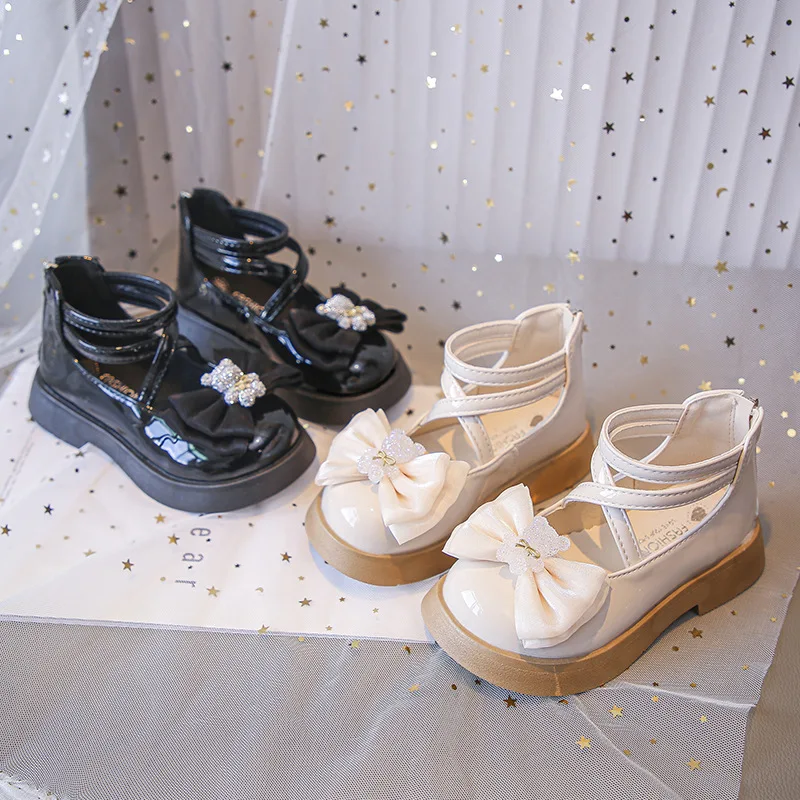 New Princess Flat Children's Shoes for Girl Mary Jane Loafers Sneakers Kids Party Shoes Fashion Crystal Bow Leather Shoes 6 Year
