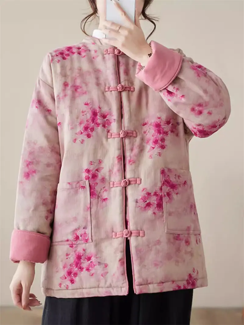 

Temperament New Chinese Style Women's Jacket 2024 Spring Autumn Button Up Thickened Warmth Mid Length Quilted Coat K099