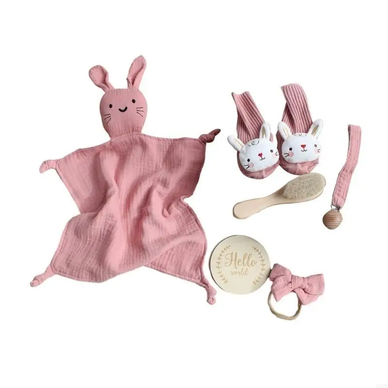 1 Set Baby Soothe Towel Infant Toddlers Shower Gift Soft Sock Cotton Saliva Towel Headband Wooden Teether for Infant