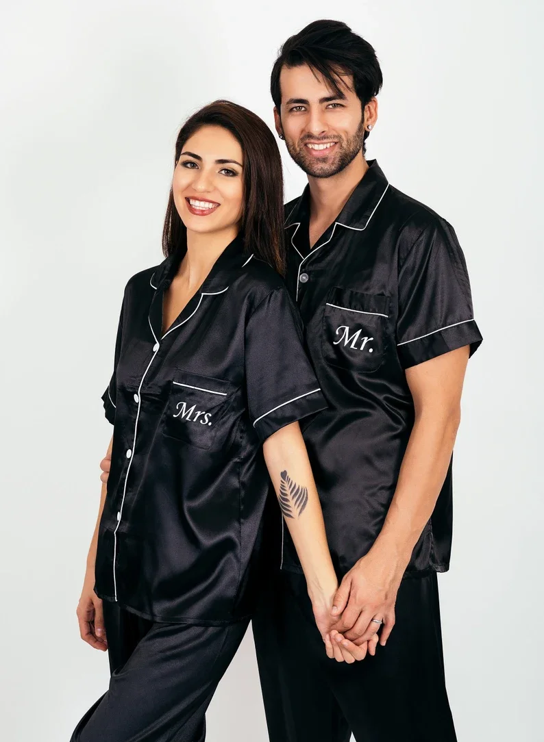 Custom Couple Satin Pajamas Bridal Shower Anniversary Gift Personalize Wedding Pajama Bride and Groom Short+Long Sleepwear Sets