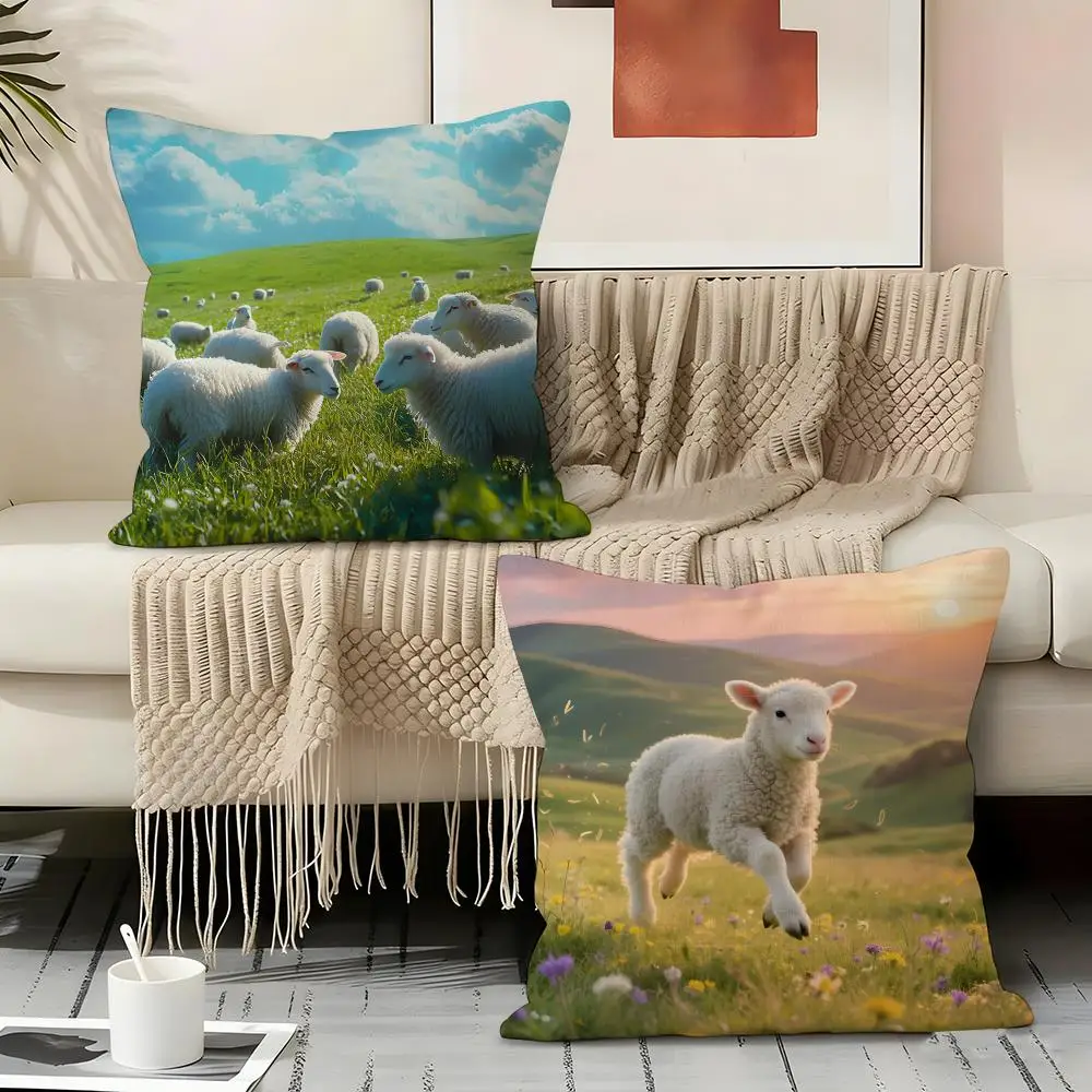 Cute White Lamb Sheep Cushion Cover Natural Linen Organic Fabric Double-Sided Printing Sofa Home Decor Gift Pillow Cover