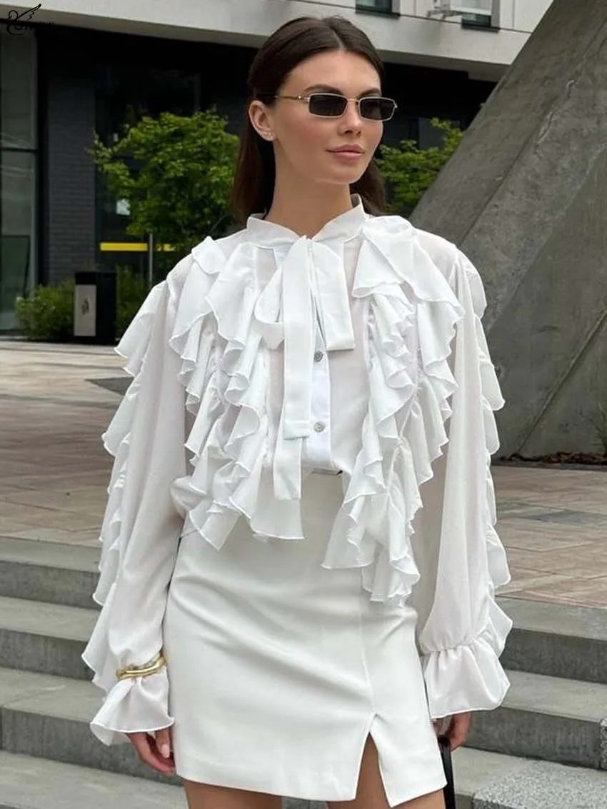 

Oymimi Fashion White Ruffled Woman Blouses Elegant Lace-Up Neck Long Sleeve Blouses Autumn Single Breasted Solid Blouse Female