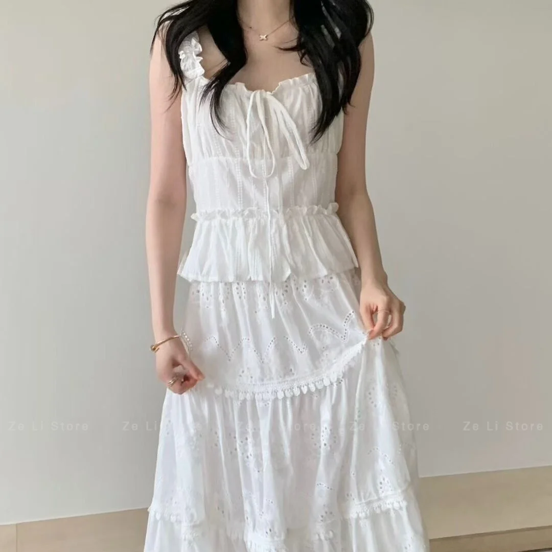 Frenchsweet Age-reducing Fungus Lace Embroider Camisole Women's Summer Thin Rufflestie Back Sleeveless Tops