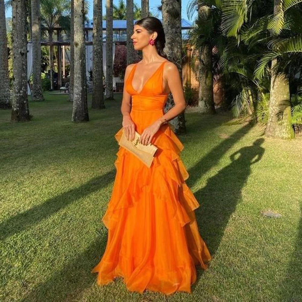 Elegant Orange Women Prom Party Dress Floor Length Sweetheart Spaghetti Strap Sleeveless A-Line Pretty Formal Occasion Dresses