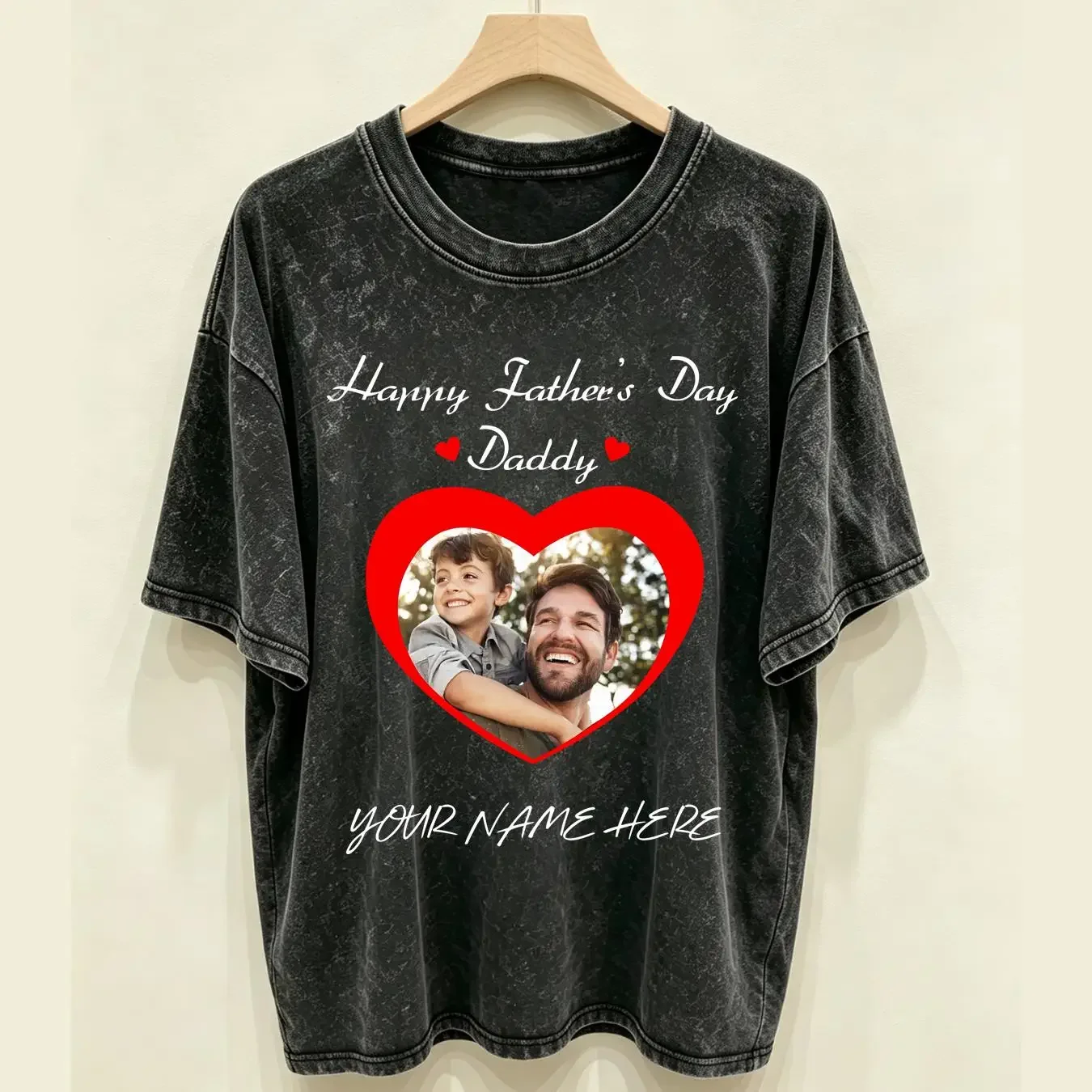 washed T Shirt Personalised Happy Father Day Daddy Photo Heart Dad Papa Kids Top vintage Washed Comfortable designer clothes