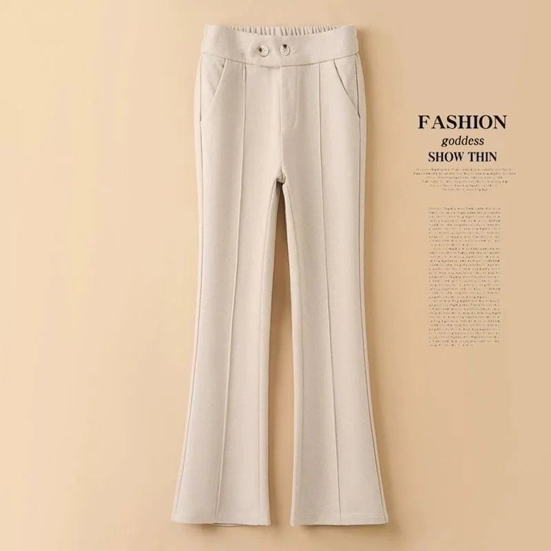 

Новые осенние и зимние утепленные брюки для женщин, брюки-клеш с высокой талией, повседневные шерстяные брюки, универсальный узор «елочка»