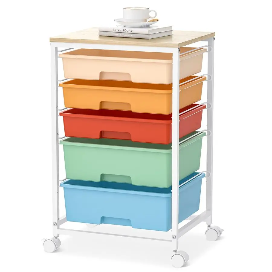

cart,Rolling Cart with Drawers,Storage Cart with 5 Drawers and Wooden Tabletop for Under Desk Organizers and Storage,Macaron
