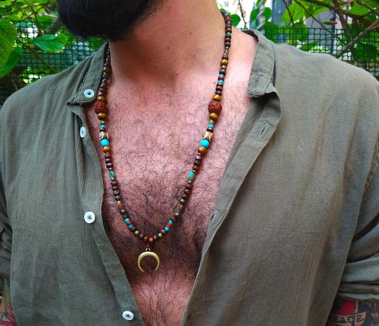 

NADEEM Ins Ethnic Colorful Nature Stone Moon Star Pendant Necklace for Men Fashion Wood Beaded Choker Necklace Jewelry Party