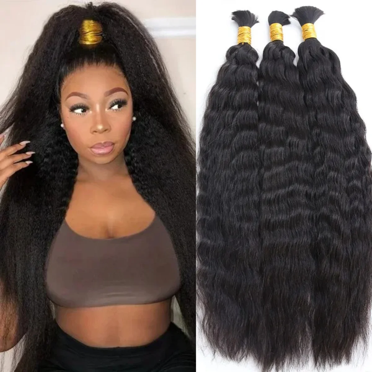 Extensions de Cheveux Humains Crépus et Lisses Yaki pour Tressage, Non Traités, 100% Naturels, Sans Trame, en Vrac