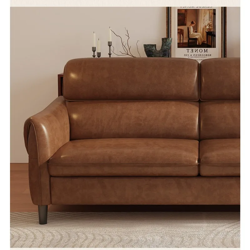 Home Medieval double small apartment oil wax leather sofa living room retro three-person cowhide sofa straight row