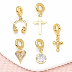 OCESRIO Fashion White Crystal Heart Pendant for Necklaces Copper Gold Plated Earphones Cross Jewelry Making Component pdtb665