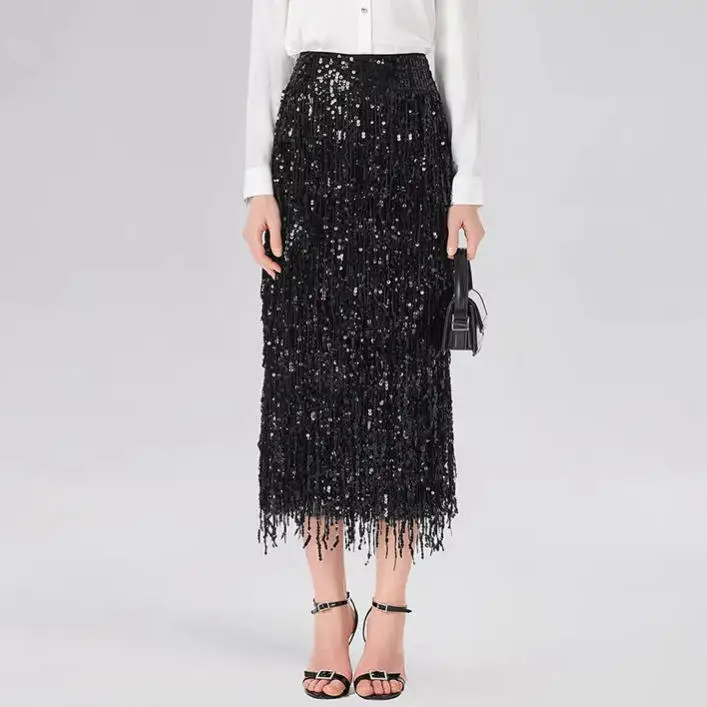 

New Independent Station Tassel Sequin Half Skirt Women's Color Long Split One Step Skirt Elegant Sister Style PVC Fabric