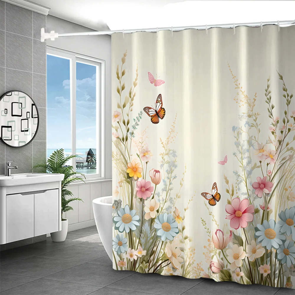 

Полиэстеровая занавеска для душа с цветочным принтом бабочки — сверло не требуется, можно стирать в машине, художественный декор для ванной комнаты