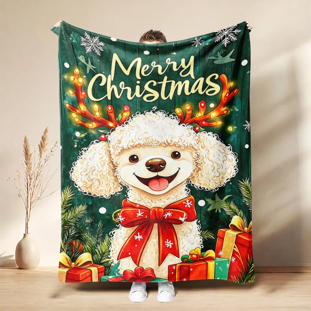 Christmas Flannel Blanket Santa Claus Puppy Soft Milu Deer, Warm Throw Blanket Winter New Year Gift for Kids, Couch Sofa Decor
